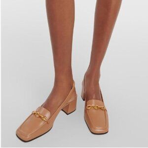 miss left Brown Square Toe Slingback Pumps Gold Chains Low Chunky Heel Sandals